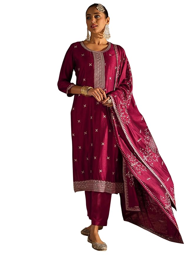 INDO ERA Women Silk Blend Kurta Pant With Dupatta