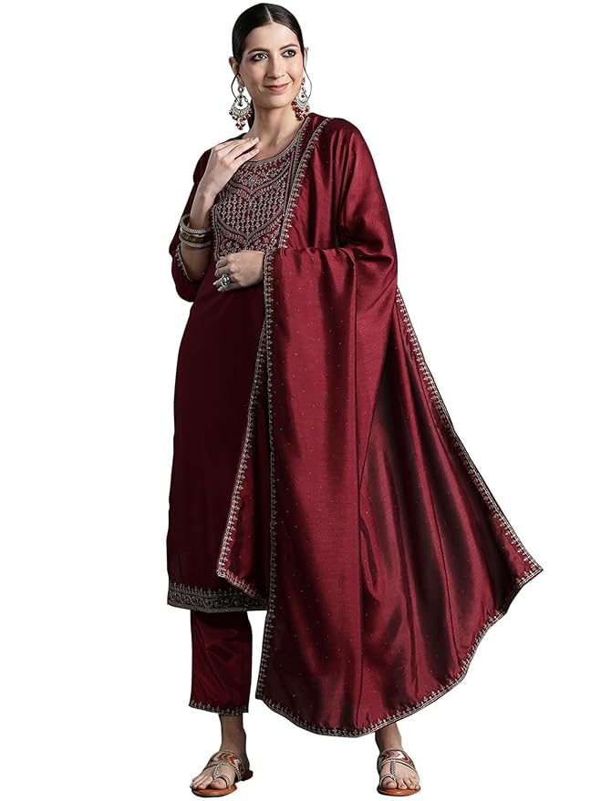 INDO ERA Womens Embroidered Silk Blend Straight Kurta Pant With Dupatta Set (Kh9Mr7891)