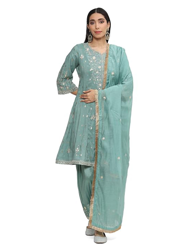 BIBA Women Cotton Blend A Line Embroidered Suit Set