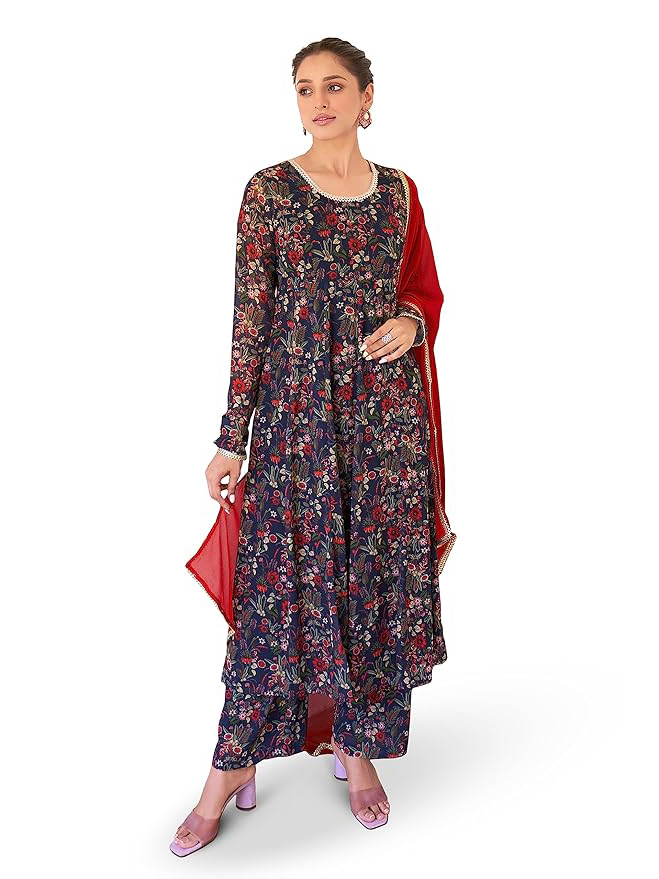 Janasya Women Dark Blue Georgette Digital Floral Printed Kurta with Palazzo and Dupatta