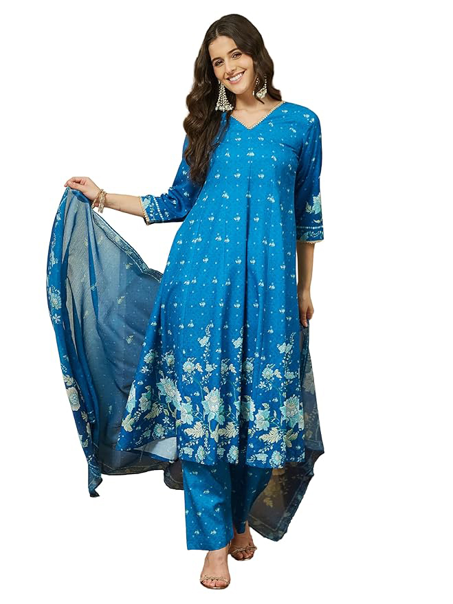 Janasya Women Blue Cotton Blend Floral Printed Anarkali Kurta Set