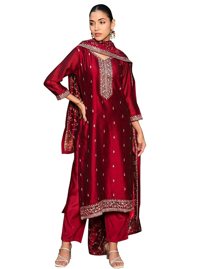 INDO ERA Womens Silk Blend Embroidered Calf Length Straight Kurta Pant Dupatta Set (KH9MR6132)
