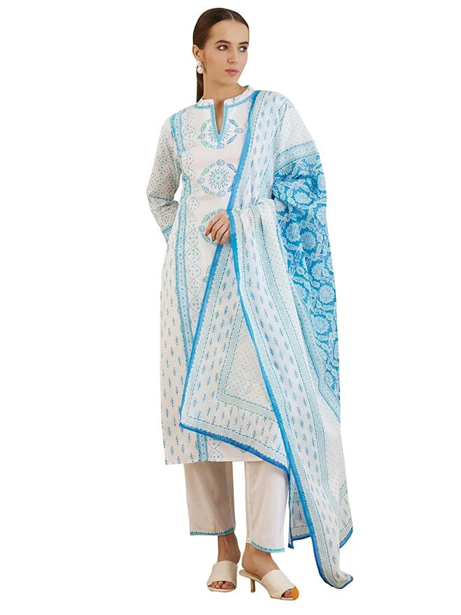 INDO ERA Women Printed Pure Cotton Calf Length Straight Kurta Pant With Dupatta Set (Kh0Wh6158)
