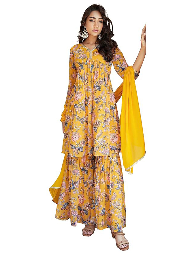 Janasya Women Georgette Digital Floral Printed Kurta with Sharara and Dupatta