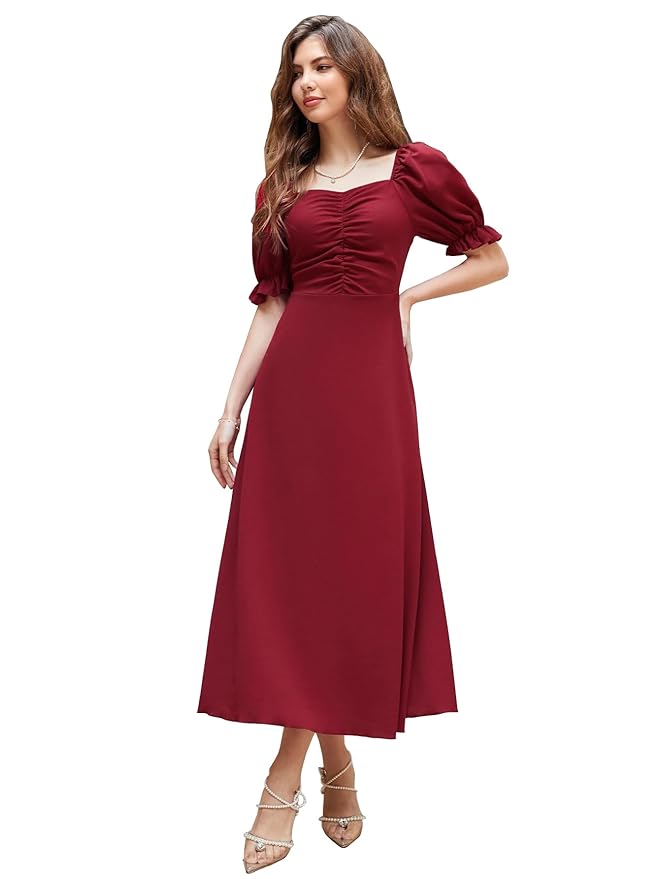 Shasmi Girl and Women Solid A Line Ruched Puff Sleeve Maxi Long Evening One Piece Long Dress for Women Stylish (Dress 131)