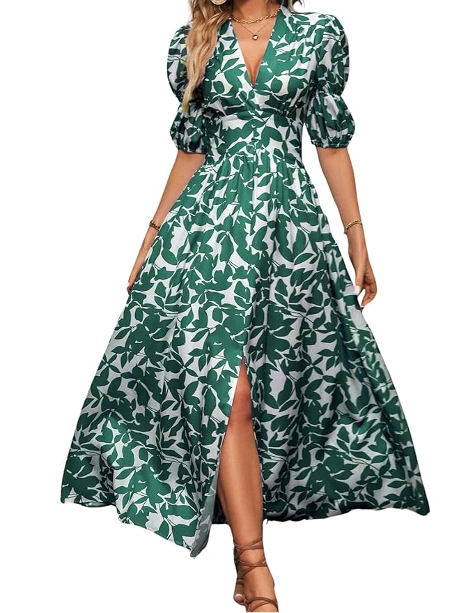 GRECIILOOKS Women V-Neck Slit Maxi Dress Printed Boho Style, Short Sleeve, Tie Waist, Summer Casual Outfit