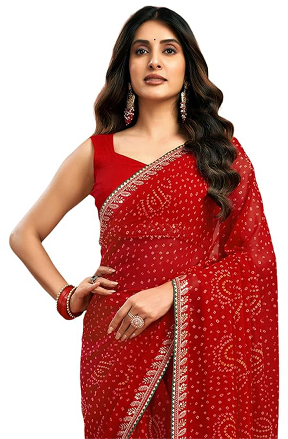 SIRIL Women Georgette Bandhani Printed Saree, Traditional Wedding Sarees For Women With Unstitched Blouse Piece