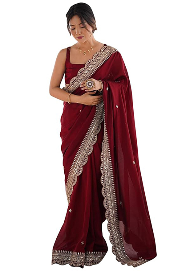 AKHILAM Women Vichitra Silk Embellished Saree With Unstitched Blouse Piece (RADHA5001_RX_Parent)