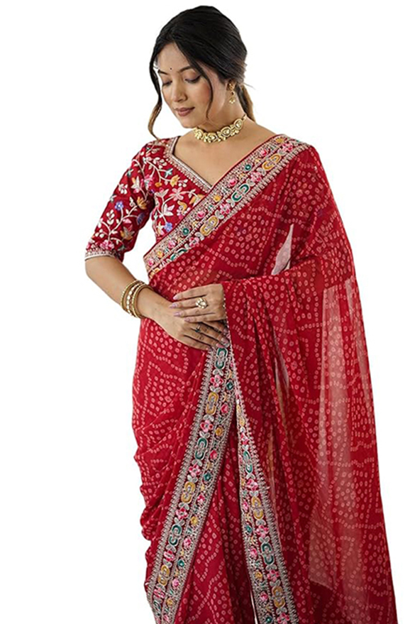 Satrani Women Georgette Bandhani Printed Festive Saree with Unstitched Blouse Piece