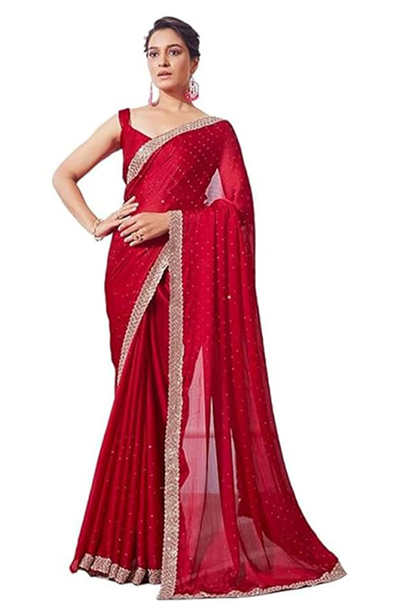 ORHANS Women Satin Chiffon All Over Fix Diamond With Lace Work Saree With Matching Unstitched Blouse Piece
