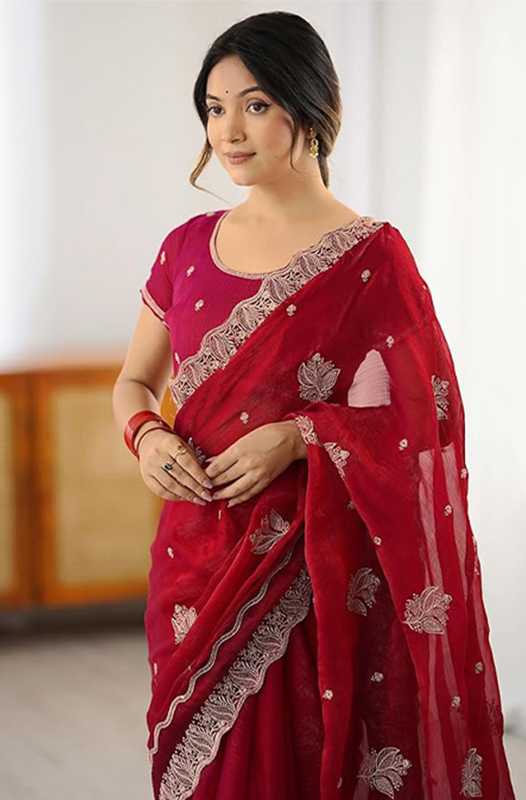 SIRIL Women Chiffon Embroidery Saree with Unstitched Blouse Piece