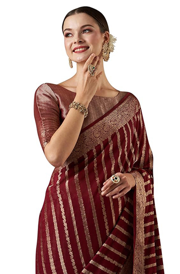 AKHILAM Women Woven Design Leheriya Georgette Kanjeevaram Saree With Unstiched Blouse Piece (Maroon_ARYA1102_FL.)