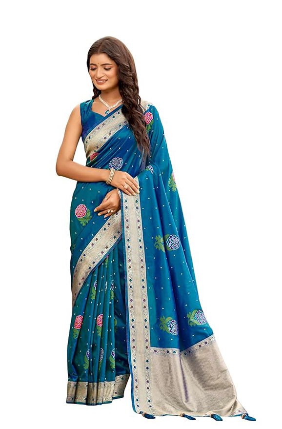MANOHARI Women Trendy Banarasi Satin Silk Woven Saree with Heavy Jacquard Work, Elegant Design, Colourful flower Pattern Silk Saree with Unstitched Blouse Piece for Weddings & Festive Occasions