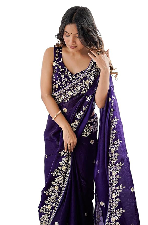 Satrani Women Tissue Silk Scalloped Border Sequins Embroidery Saree with Unstitched Blouse Piece
