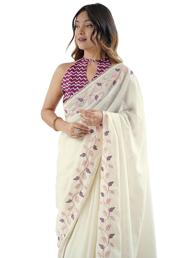Satrani Women Silk Embroidery Saree with Unstitched Blouse Piece
