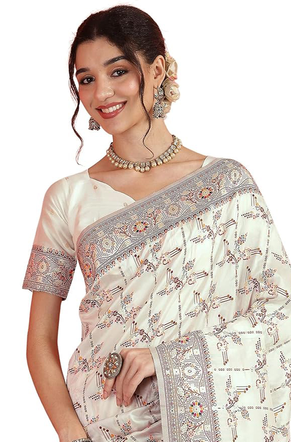 Satrani Women Silk Kashmiri Minakari Weaving Saree with Unstitched Blouse Piece