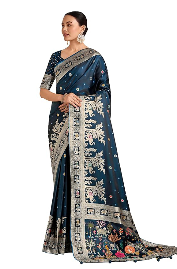 Monjolika Fashion Women Gorgeous Banarasi Designer Satin Silk Rich Zari Woven Pallu & Unstitched Blouse Piece (14500_Color)