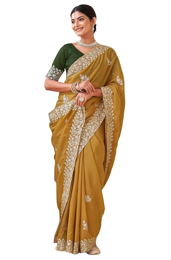 SIRIL Women Silk Embroidery Saree with Unstitched Blouse Piece (4599S105_Mustard Yellow)