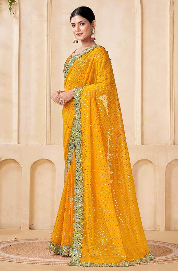 SIRIL Women Georgette Sequence Embroidery Scalped Border Saree With Unstitched Blouse Piece