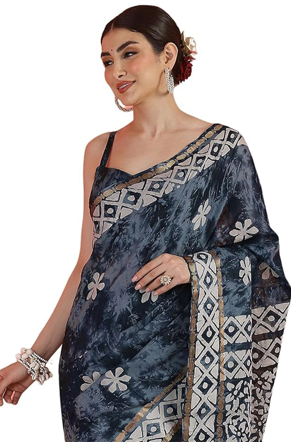 SIRIL Women Cotton Printed Saree with Unstitched Blouse Piece