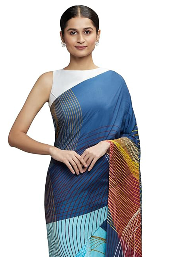 navyasa Dark Blue Liva Organza Geometric Print Saree