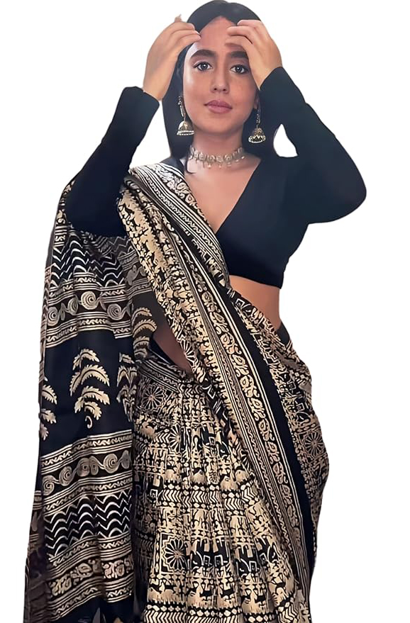 EthnicJunction Women Silk Cotton Kalamkari Print Saree With Blouse Piece