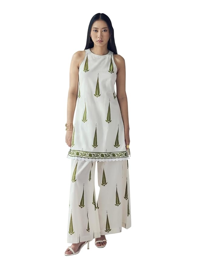 FIORRA Women Off-White Printed Cotton Sleeveless Kurta Set