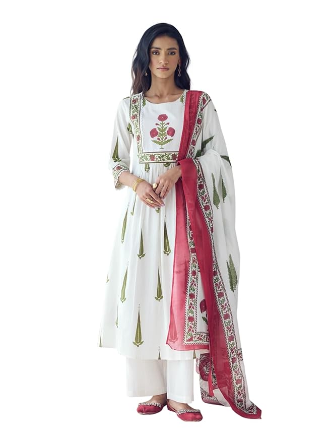 FIORRA Women Off-White Printed Anarkali Kurta Set with Dupatta