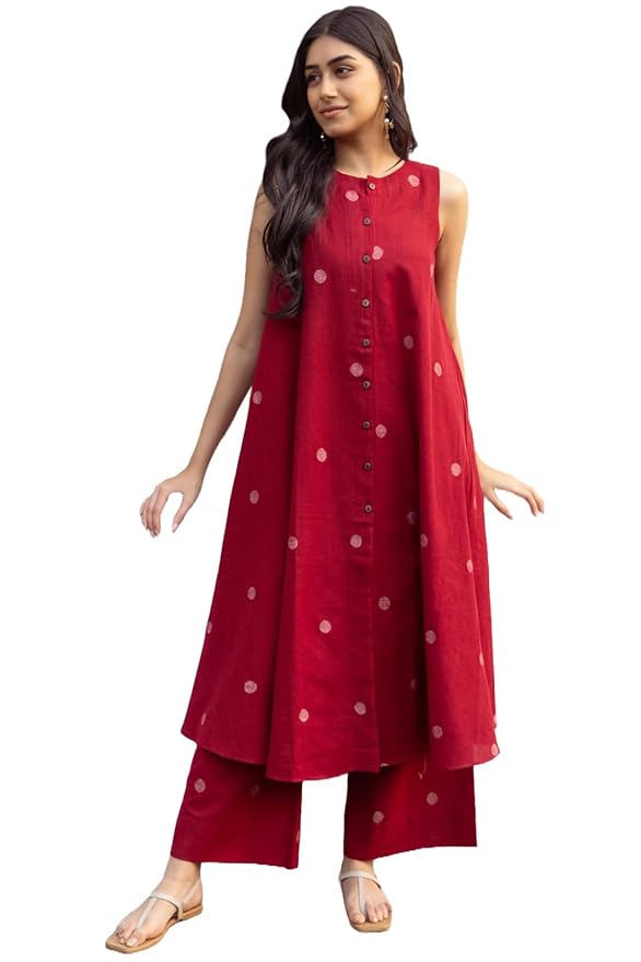 ANNI DESIGNER Women Cotton Printed Maroon Hand-Print Kurta Set|A-Line Kurta With Palazzo|Co-Ord Set|Ethnic & Stylish Two Piece Dress|Casual & Office Wear Coord Set