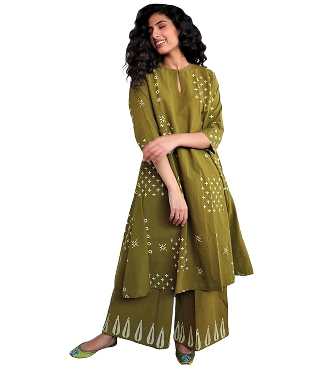 Gosriki Women Cotton Kurta Palazzo Set , A-Line Flared Kurta Set for Women, Bandhani Block Print Suit Set, Kurta Sets for Woman