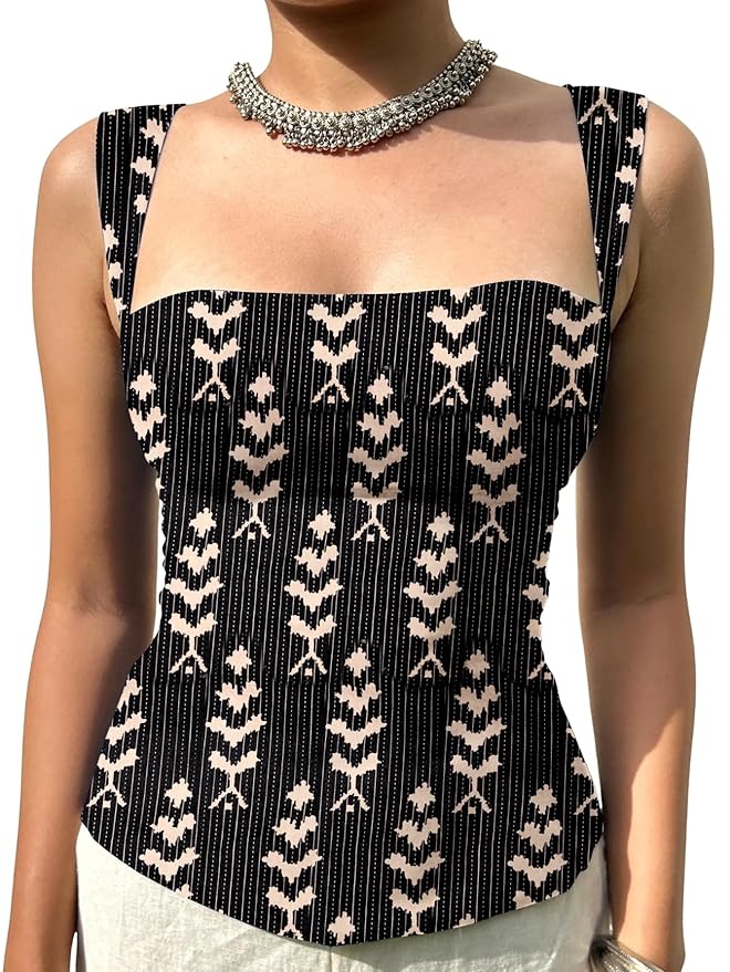 Aahwan Printed Square Neck Sleeveless Backless Short Indo-Western Ethnic Kurti Top for Women and Girl Ethnic Top for Women and Girl