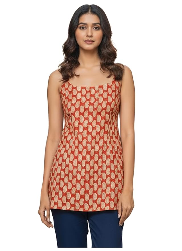 GoSriKi Womens & Girls Deep Back Bagh Printed Short Kurti | Sleeveless Stylish wear | Iron Rust and Khaki | Traditional Block Print