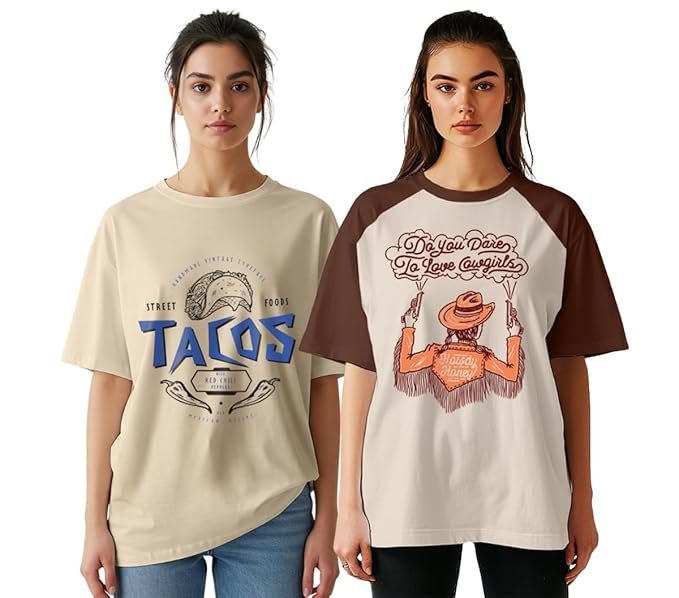 JUNEBERRY® 100% Pure Cotton, Pack of 2,Round Neck, Oversized Loose,Drop Shoulder,Graphic Printed, Half Sleeve T-Shirts for Women & Girls, in Different Colors, with Sizes Range from S to 2XL.