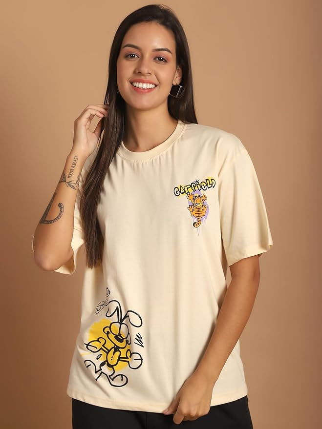 Fabflee Pure Cotton Oversized Baggy Fit Drop Shoulder Latest Aesthetic & Cool Graphic Printed Half Sleeve Tshirt for Women |Casual Loose Korean T-Shirt