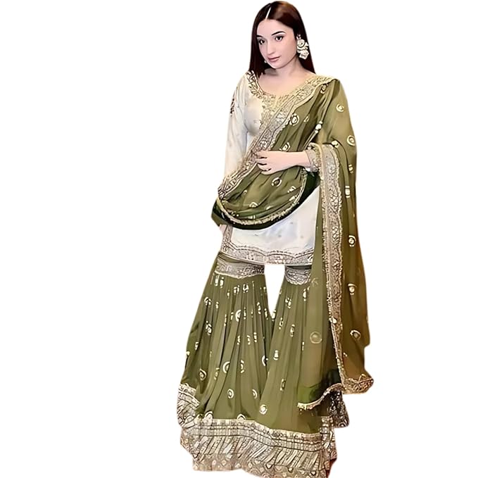 Women Off-White Embroidered Kurta with Green Sharara & Dupatta Set – 3/4 Sleeve, Round Neck, Above Knee Length | Party | Wedding