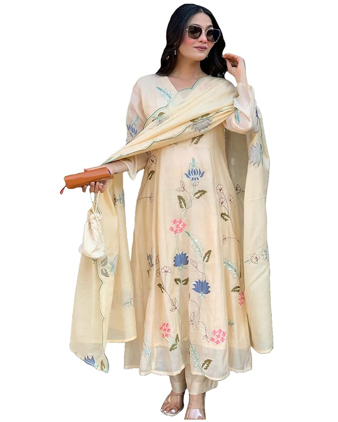 GoSriKi Women Elegant Chanderi Cotton Embroidered Anarkali Kurta Set with Dupatta for Women | Light Floral Print Suit for Wedding, Parties & Daily Use
