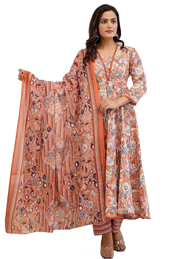PARTHVI Women Printed Cotton Anarkali Kurta & Pant With Dupatta Set