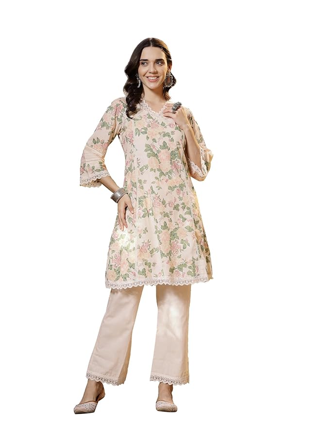 Stylum Women Floral Printed Cotton Kurti Pant Set