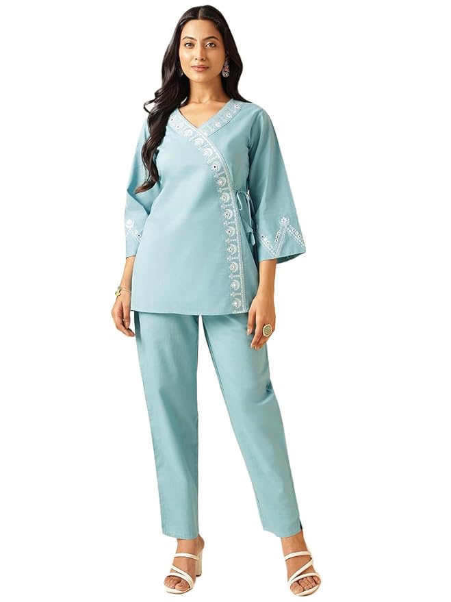 Vbuyz Women Solid Angrakha Cotton Stitched Co-Ord Set Elegant, Comfortable & Stylish Casual Wear | Women Co-ord Sets Stylish Western | Cord Set for Women Cotton