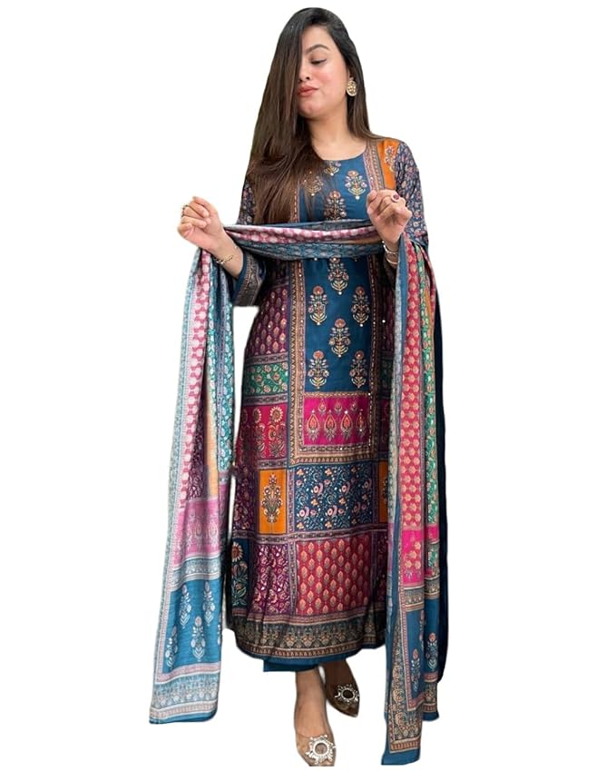 GoSriKi Women Viscose Rayon Straight Kurta Pant Dupatta Set | Stylish Kurti Set for Women | Cotton Kurta Set with Dupatta Ethnic Dress | Festive Kurta Set