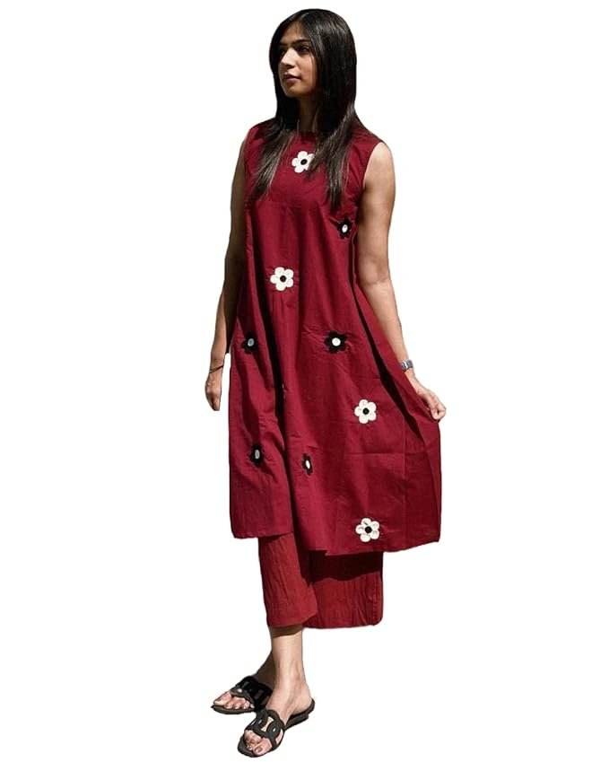 GoSriKi Women Maroon Sleeveless Cotton Kurta Set with Floral Embroidery | Ethnic Wear for Office, Casual & Summer | Comfortable