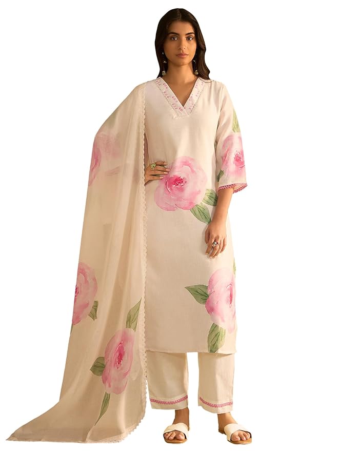 INDO ERA Women Straight Linen Floral Print with Sequines Work Kurta Pant with Dupatta Set (IEOUT9825)
