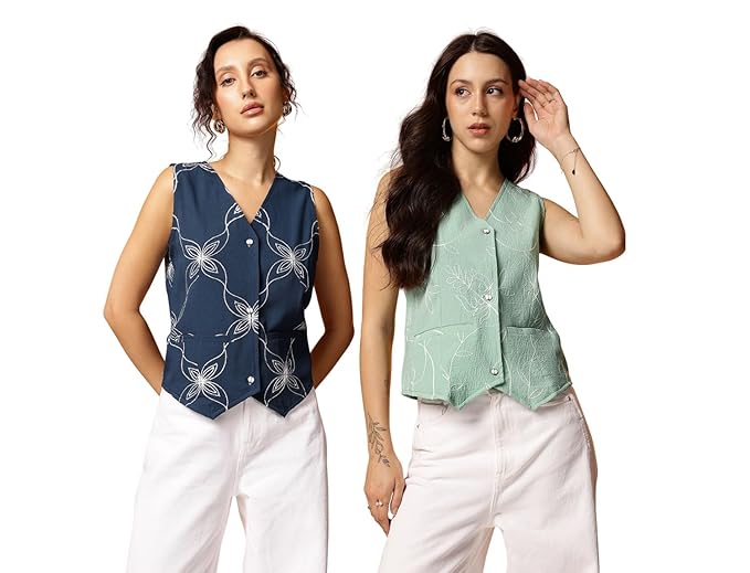 INKAST Women Waistcoat | Sleeveless Tops | Blouse | Stylish Fashion-Forward | V Neck | Casual Wear (Pack of 2)