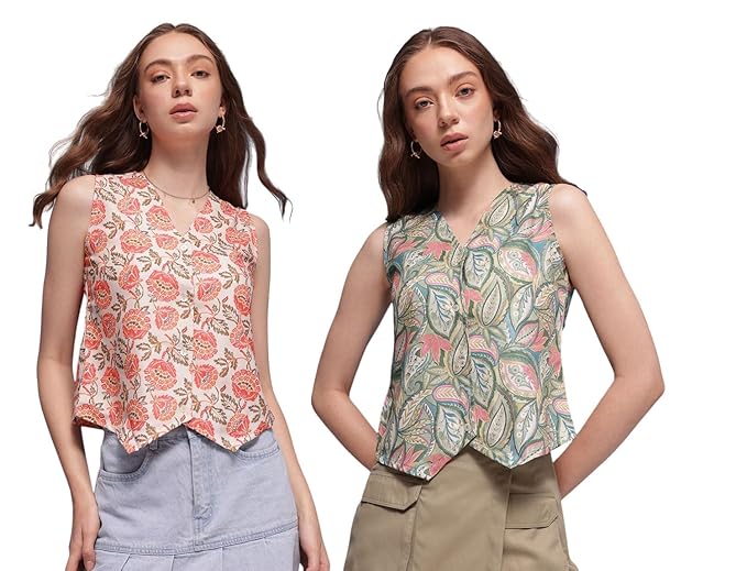 INKAST Women Waistcoat | Sleeveless Tops | Blouse| V neck | Casual Wear (Pack of 2)