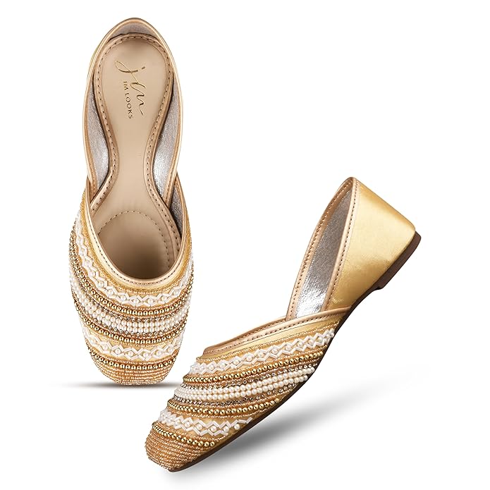 JM LOOKS Stylish Embroidered Jutti For Women Girls | Embellished Stone Work Jutti | Wedding Bellies | Women Ethnic Shoe Traditional Mojari | Kolhapuri Jaipuri Punjabi Jutties |