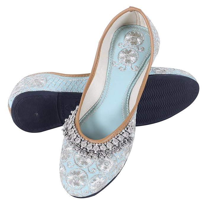 DFR Women Comfortable Cushioned Traditional Ethnic Rajasthani Embroidered with Payal Punjabi Style Mojari Jutti Fancy Bellies Shoe Woman