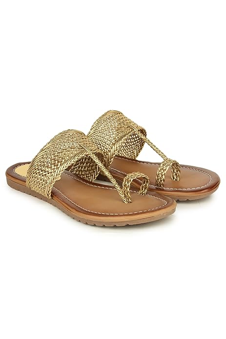 Shoetopia Women Kolhapuri Flats – Handwoven Bunai Sandals with Toe Loop | Ethnic Slip-On Chappals for Casual & Festive