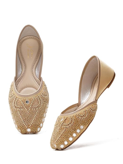 JM LOOKS Women Designer Embroidered Jutti | Handcrafted Pearl & Bead Work | Traditional Ethnic Footwear for Weddings & Festive