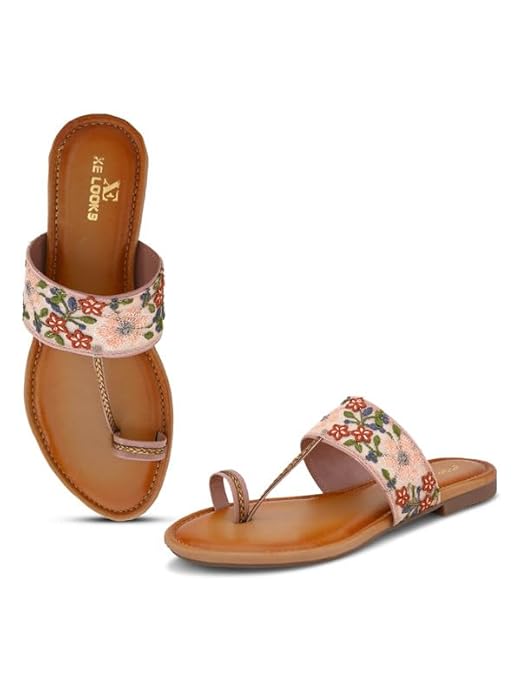 XE Looks Women Embroidered Toe-Ring Flats | Elegant Floral Strap Design with Cushioned Footbed | Stylish & Comfortable Ethnic Sandals for Girls & Women