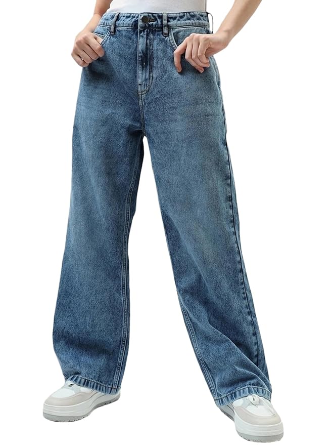 Bewakoof Women Denim Wide Leg Jeans | Jeans for Woman Pants for Woman | Classic Denim Pants | Everyday Casual | Utility Streetwear | Lightweight & Flexible | Wide Leg
